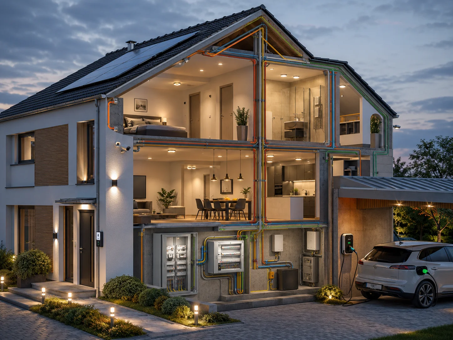 Angeschnittenes Haus, in dem diverse Elektroleistungen abgebildet sind